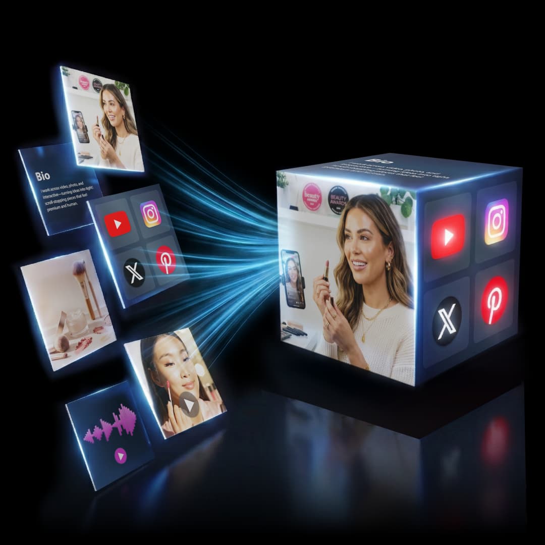 Interactive 3D cube showcasing multiple content sides